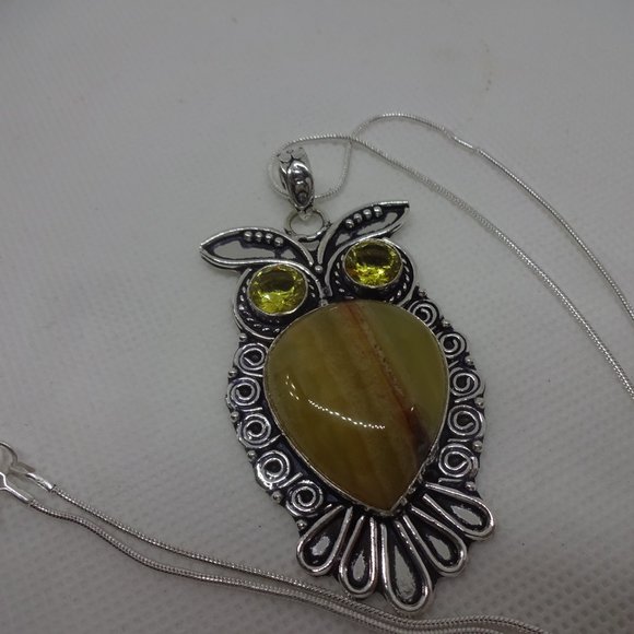 Whimsical "HOOTS the OWL" in YELLOW HASPER & CITRINE Handmade Sterling Pendant - Picture 2 of 3